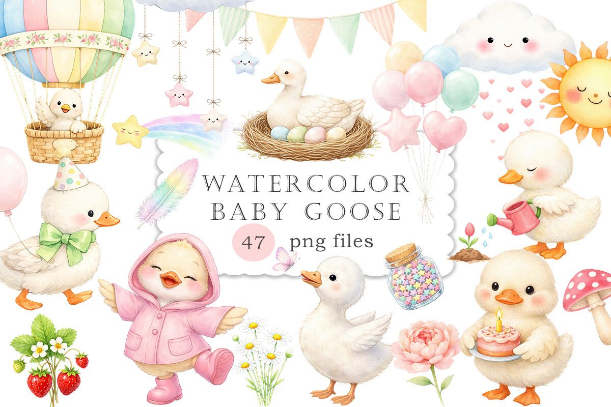 Watercolor Baby Goose Spring Clipart PNG