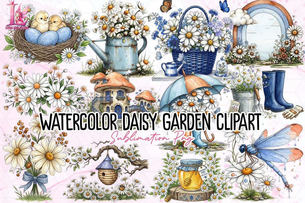 Watercolor Daisy Garden Clipart PNG