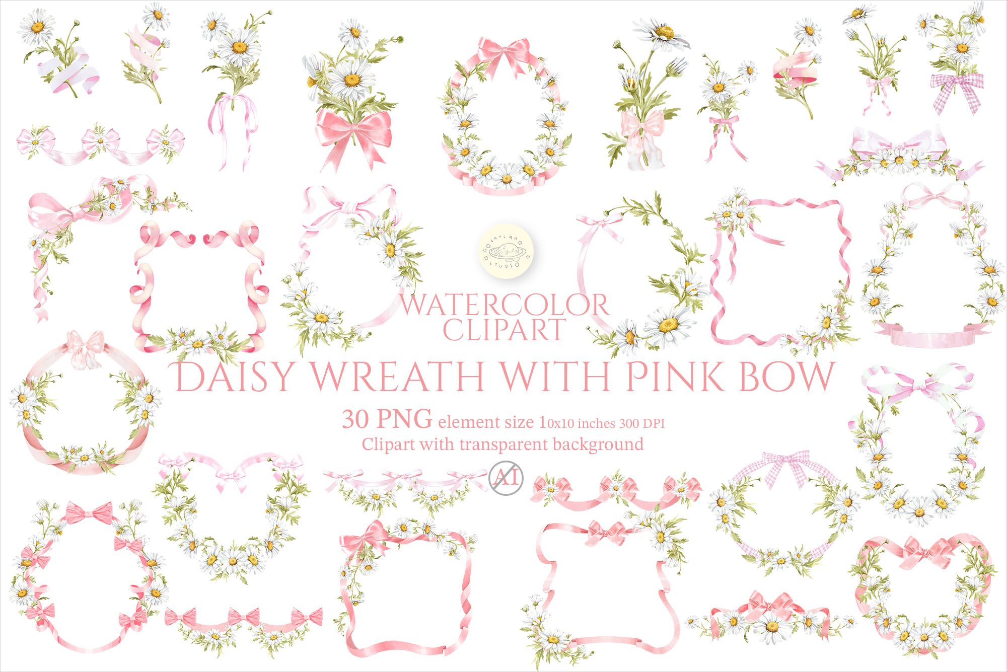 Daisy Wreath with Pink Bow Clipart Set