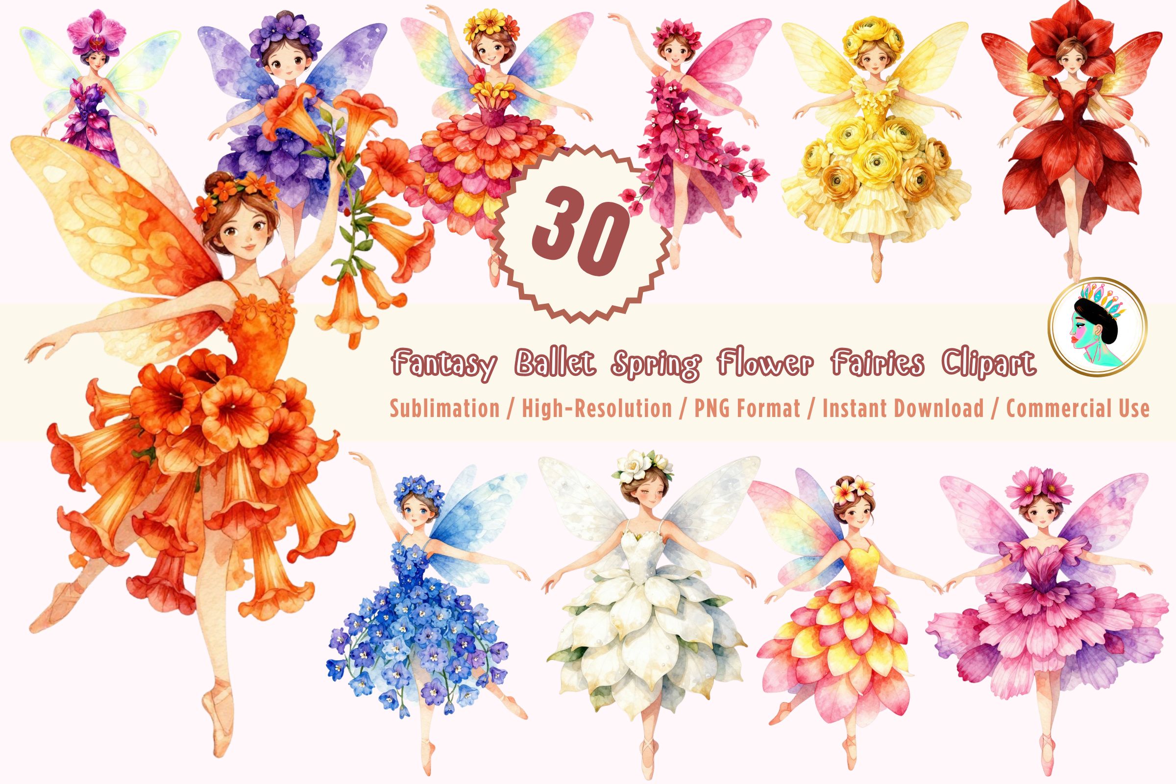 Flower Fairy Watercolor Clipart Bundle